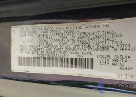 2003 Toyota Sequoia Limited V8 из США, поврежденный, VIN 5TDBT48A53S141829